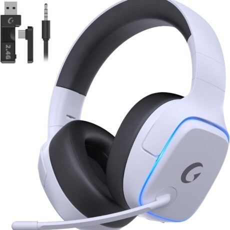 2.4GHz Wireless Gaming Headsets for PS5, PS4, PC, Switch - Bluetooth 5.3 Gaming Headphones with Noise Canceling Mic, 7.1 Surround Sound, 70H Battery, Blue Lighting - White