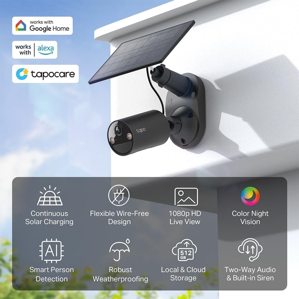Tapo SolarCam C403 Kit, Outdoor Battery Camera w Solar Panel, Wireless, 1080P, Free Person Detection, SD Cloud Storage, Color Night Vision, Built-in Spotlights & Alarm, No Hub Needed, Black 2